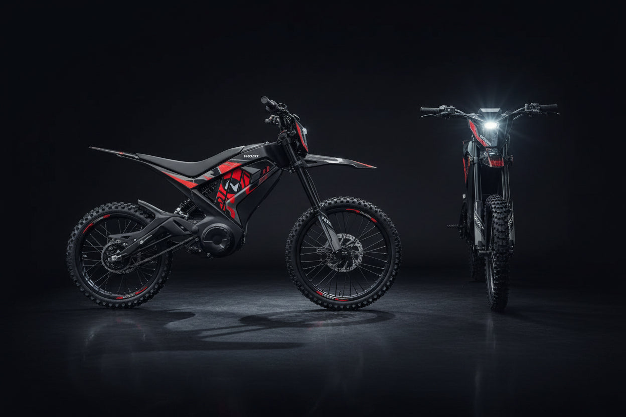 Electric dirt bike with red and black design, showcasing side and front views for off-road riding.