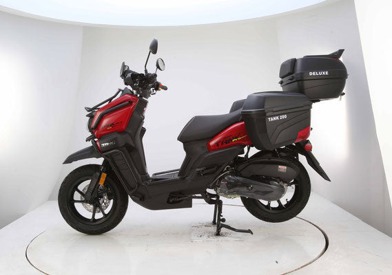 Red and TANK 200 EFI PRO DELUXE scooter with a large storage box on a white background