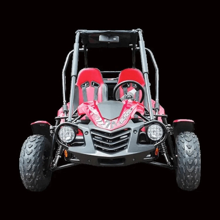 Front view of red Trailmaster Blazer 200 go-kart with protective headlight grilles