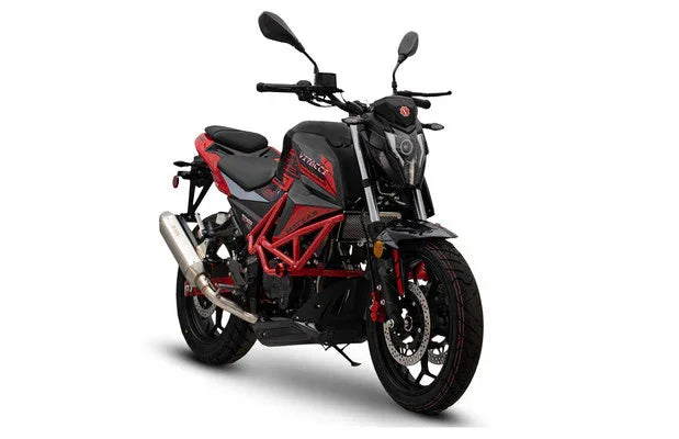 Red and black Matias 250cc sport motorcycle with sleek design and dual mirrors