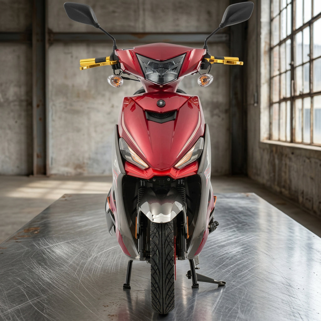 Red Vitacci Viper 150cc scooter front view with silver fender and suspension