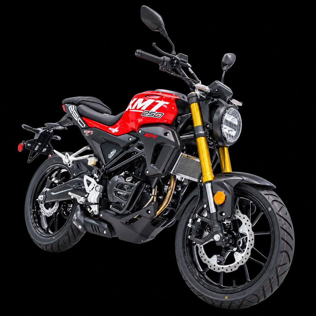 Red XMT EFI 250cc street bike side profile with rear luggage rack and disc brakes