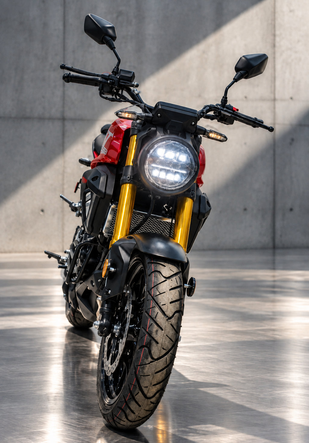 Red XMT EFI 250cc motorcycle front view highlighting round headlight and yellow forks