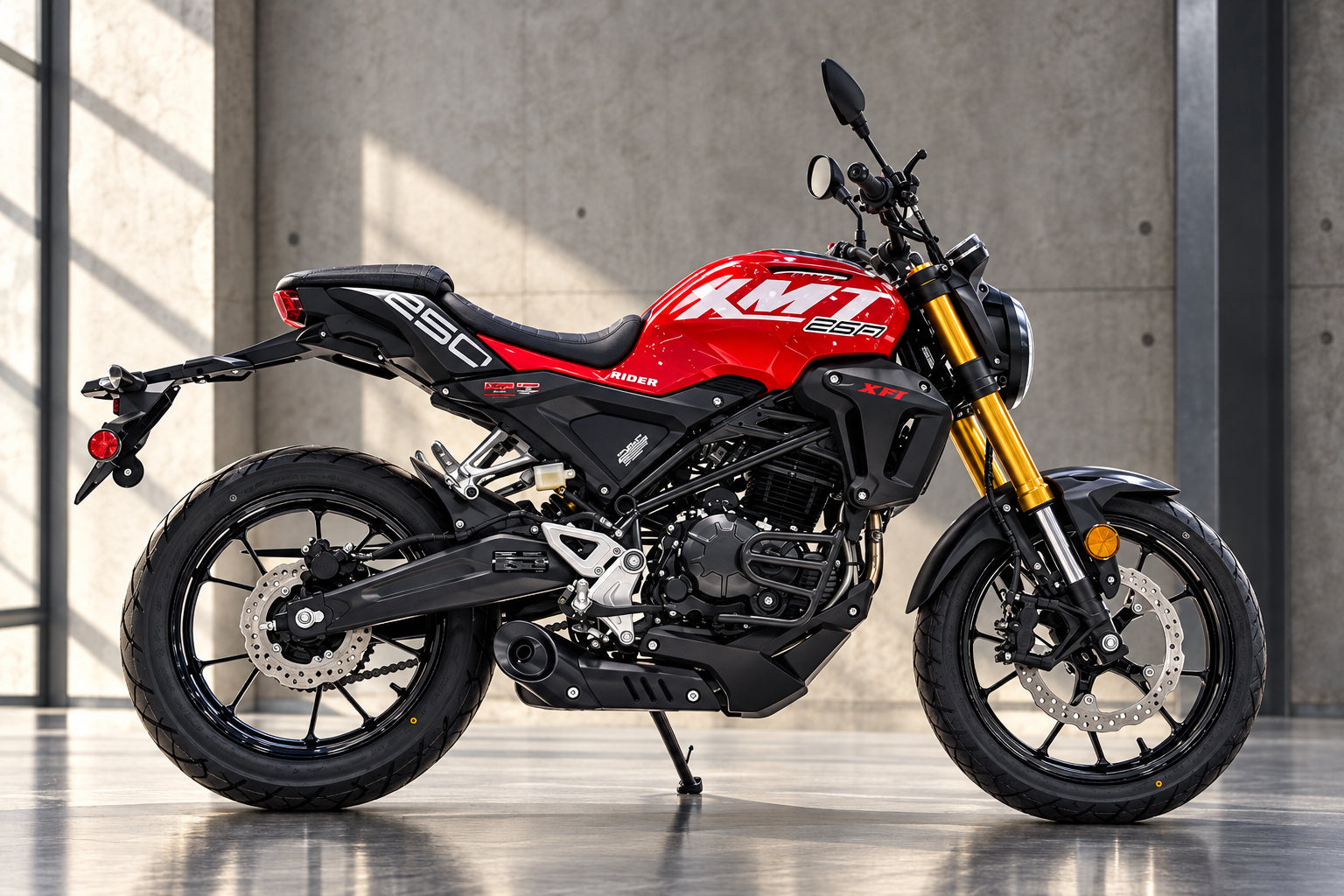 Red and black XMT EFI 250cc cafe racer side profile with spoked wheels and luggage rack