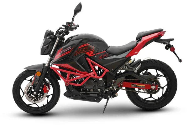Red and black vitacci 250cc sport motorcycle with sleek design and disc brakes