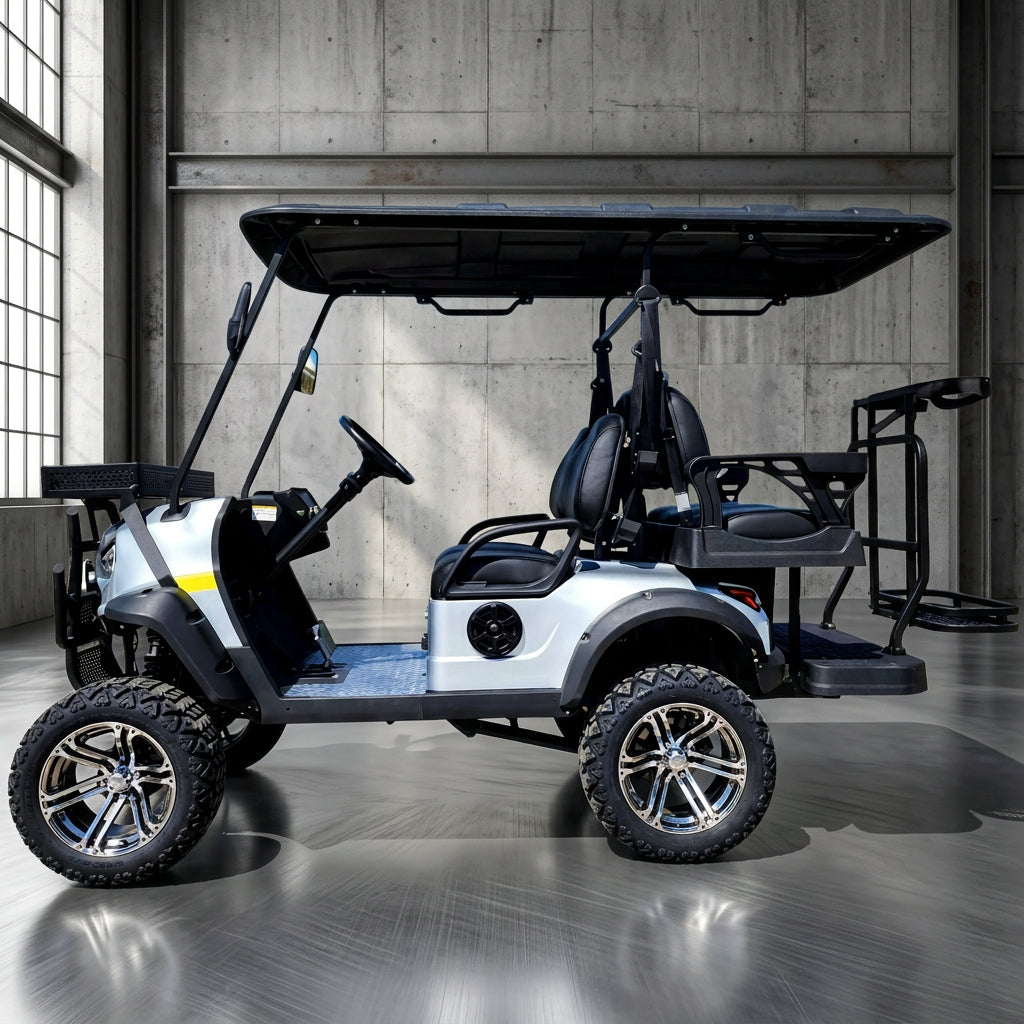 Silver lifted 4-seater electric golf cart with off-road tires and canopy