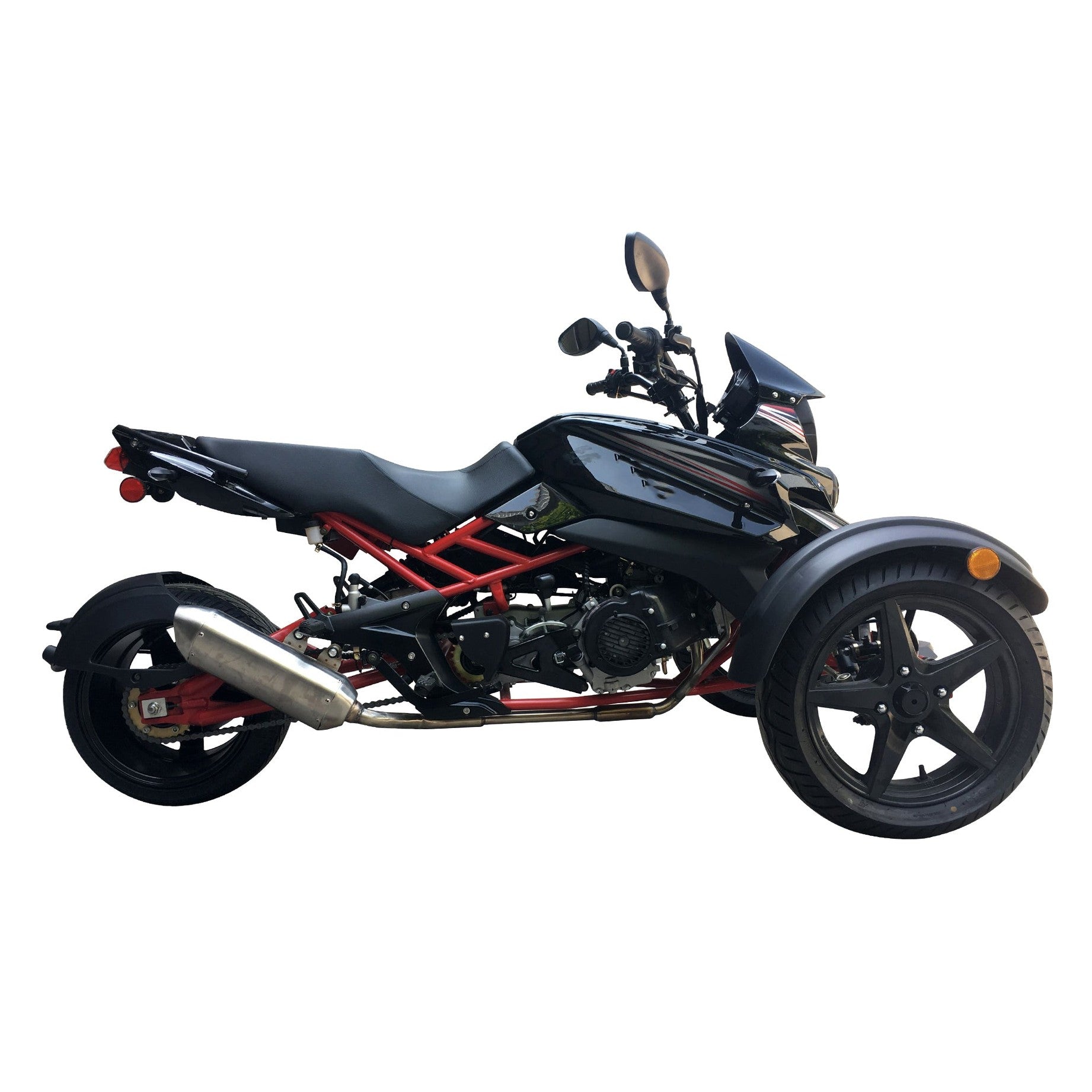 Black Cougar SX200 trike side profile with exposed red tubular frame and chrome exhaust