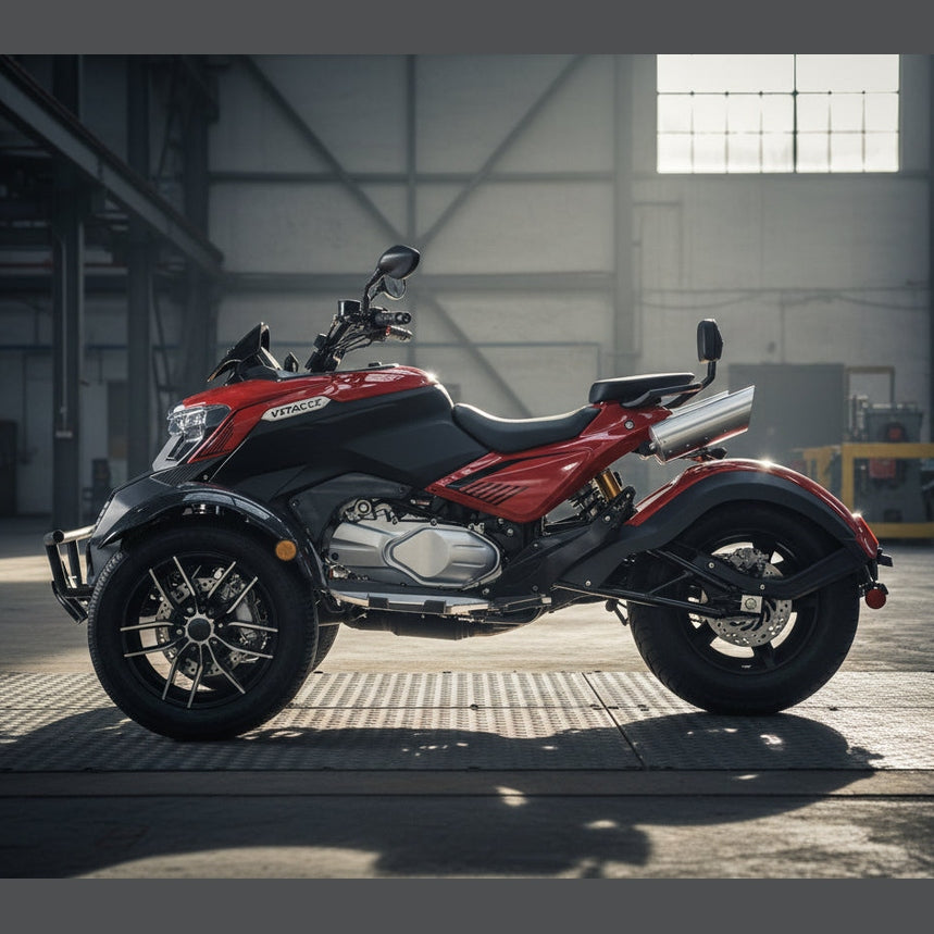 Red Vitacci SX 300cc EFI trike side view with gold shocks and carbon texture