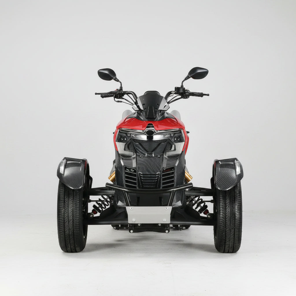 Red and black Vitacci SX 300cc EFI trike front view with carbon-fiber body