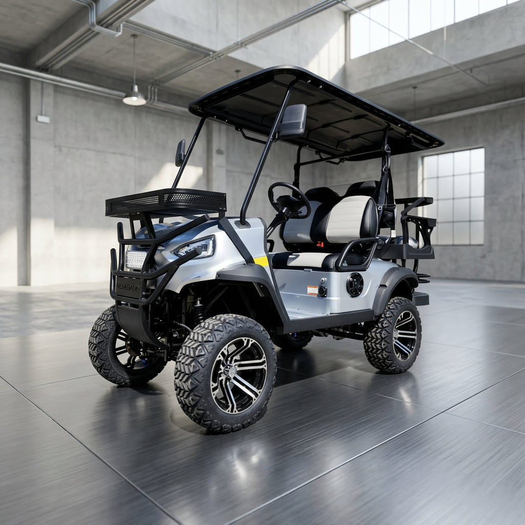 Silver-gray lifted utility golf cart with off-road tires and rear cargo rack