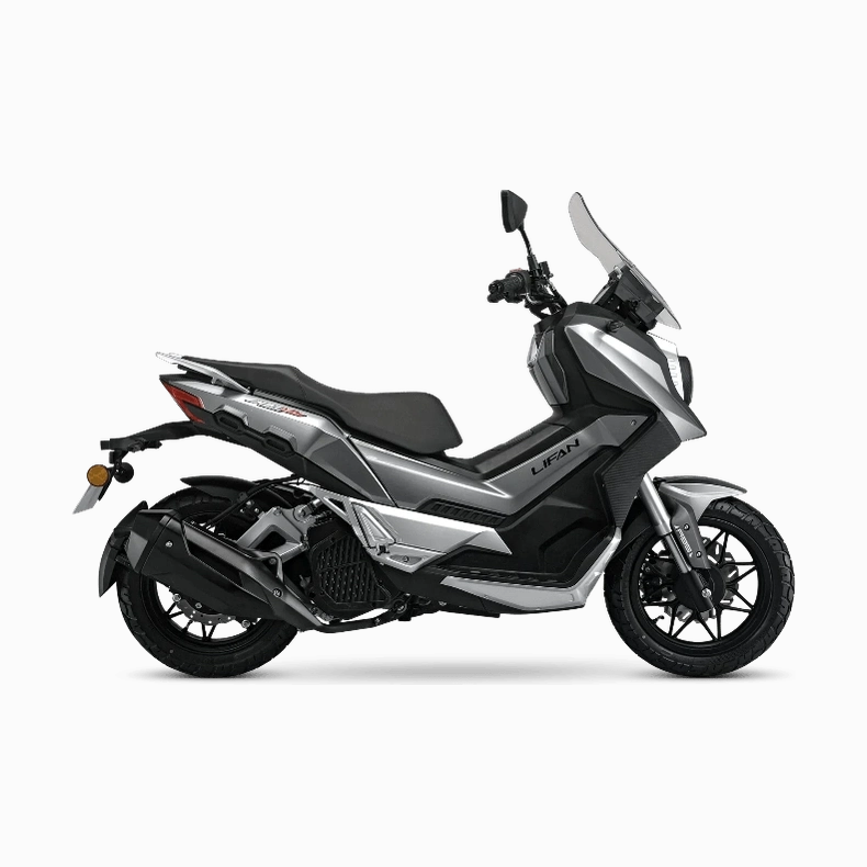 Grey Lifan KPV 150 ADV scooter featuring knobby tires and textured black plastics