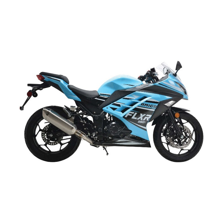 Light blue Amigo FLXR 250i sport motorcycle side profile with full fairing