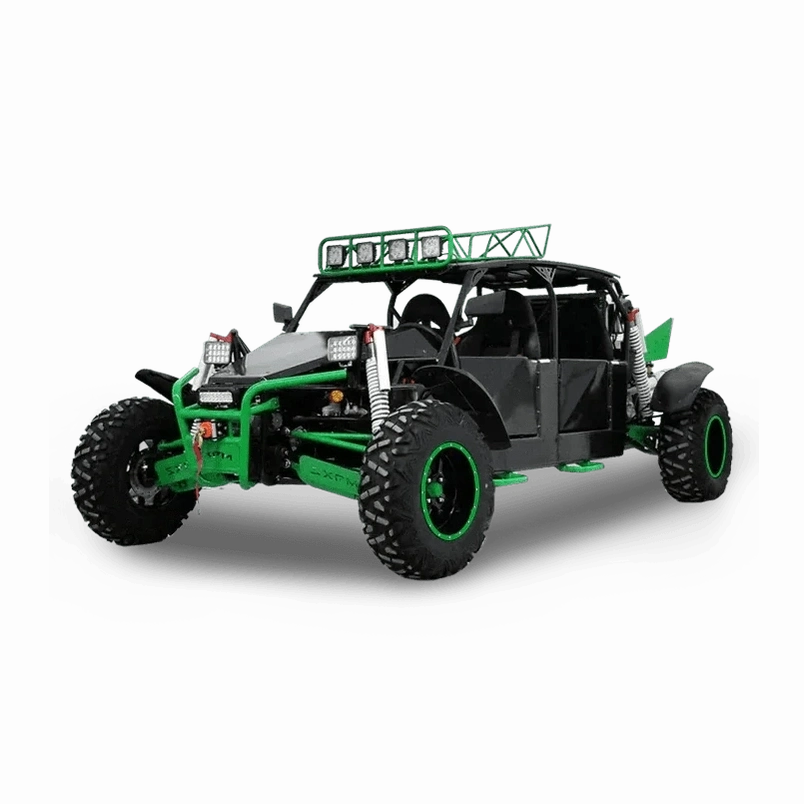 Green framed BMS 1500cc 4-seat dune buggy with white coil-over shocks