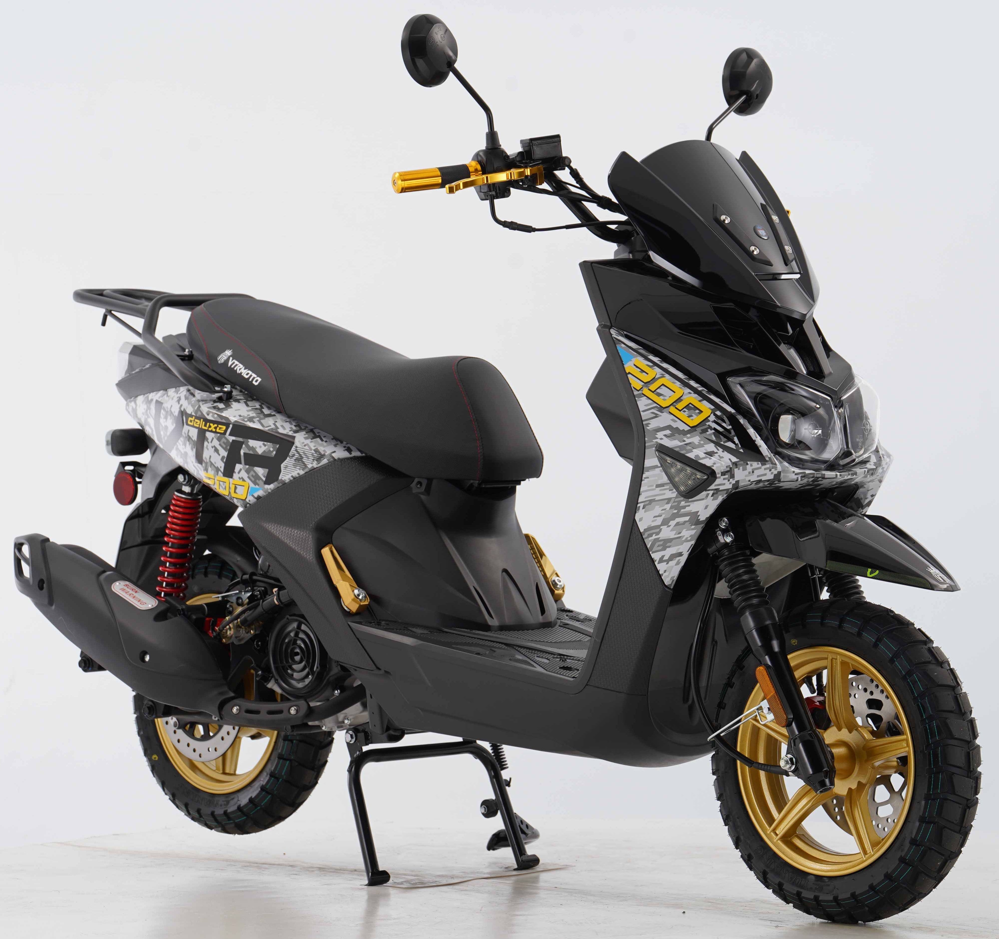 Black FIGHTER PRO 200CC VTR scooter with gray camo panels and gold rims