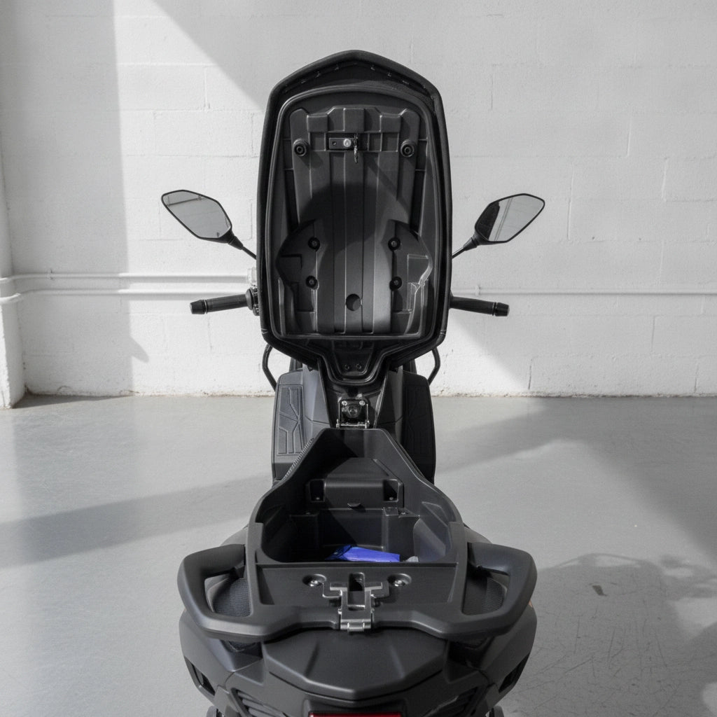 Supermach GC300T maxi scooter rear view showing open front and under-seat storage