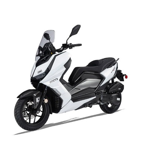 White and black Supermach T16 200cc maxi scooter dual-seat front view