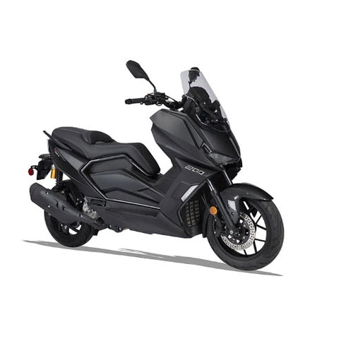Matte black Supermach T16 200cc maxi scooter front wheel and ECO badge