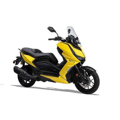 Yellow and black Supermach T16 200cc maxi scooter front three-quarter view