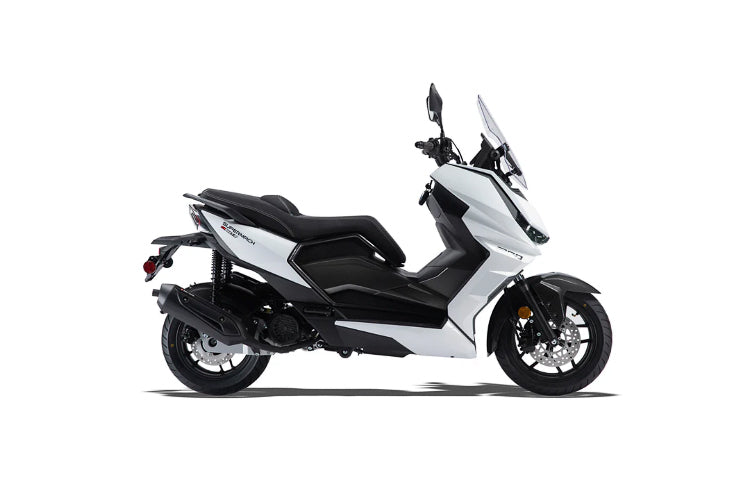 A white and black scooter, identified as a Supermach T16 200cc moped, shown from a side profile view against a plain white background.