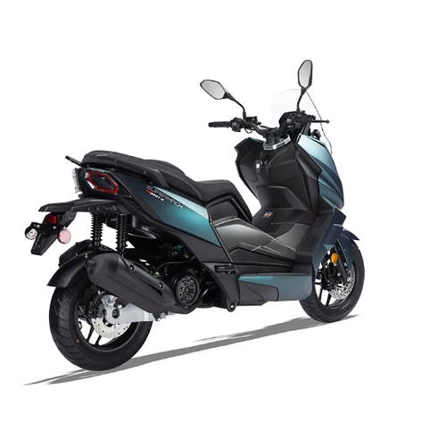 Two-tone teal and black Supermach T16 200cc maxi scooter dual-seat rear view