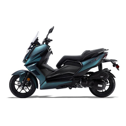 Teal and black Supermach T16 200cc maxi scooter step-through frame detail