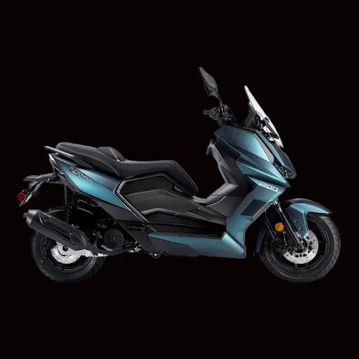 A teal and black Supermach T16 200cc motor scooter shown from a side profile view against a plain white background.