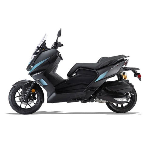 Black Supermach T16 200cc maxi scooter with light blue accents and gold shock
