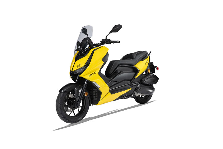 A yellow and black Supermach T16 200cc scooter with a clear windshield, side mirrors, and a large front windscreen, photographed on a clean white background.