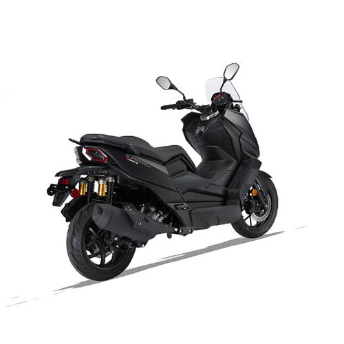 Matte black Supermach T16 200cc maxi scooter rear three-quarter view
