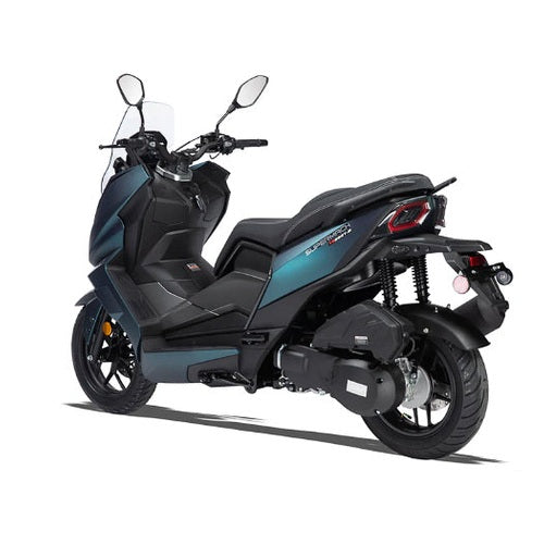 Dark blue metallic Supermach T16 200cc maxi scooter rear three-quarter view