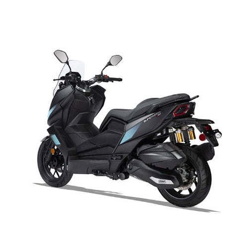 Black Supermach T16 200cc maxi scooter with blue accent stripes