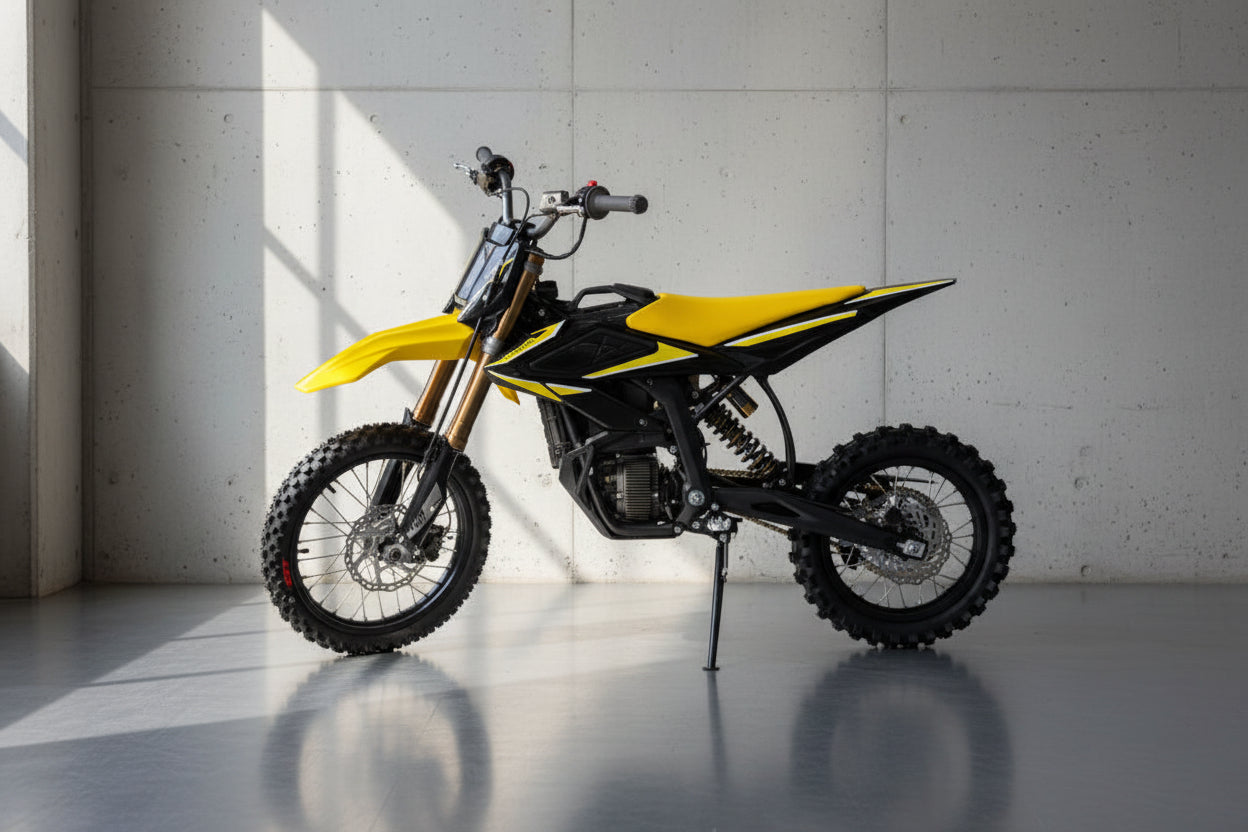 Surron Hyper Bee yellow black electric dirt bike rear shock suspension CST tire detail