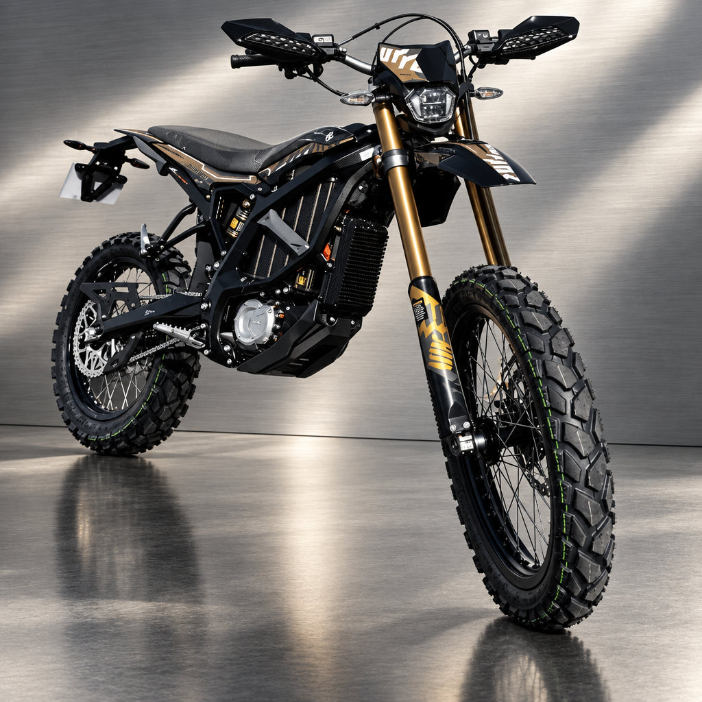 Side view of black Surron Ultra Bee R e-bike on asphalt showing chain drive