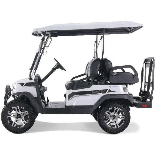White four-seat electric golf cart with black upholstery and silver wheels