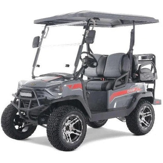 Dark gray Tao Tao Dart 4-seat golf cart with red accents and tubular grille guard
