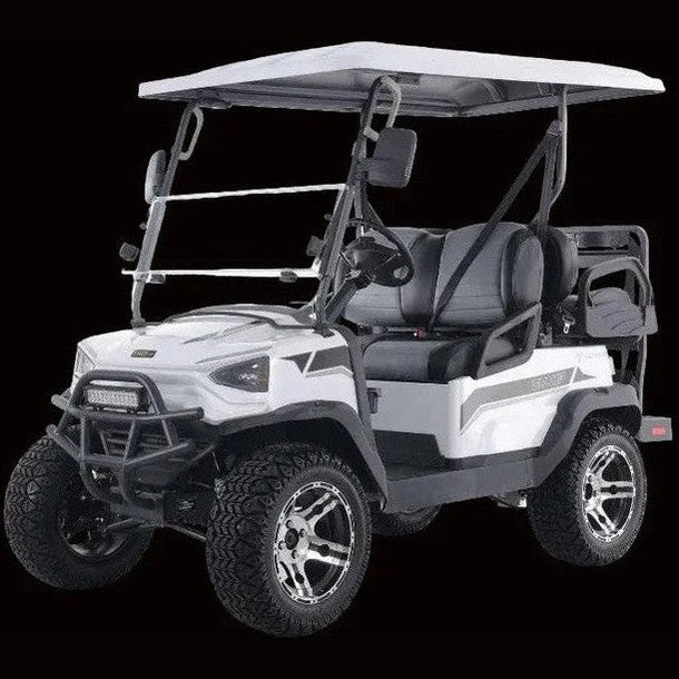 Front view of white Tao Tao 4-seat electric golf cart with LED light bar and cargo rack