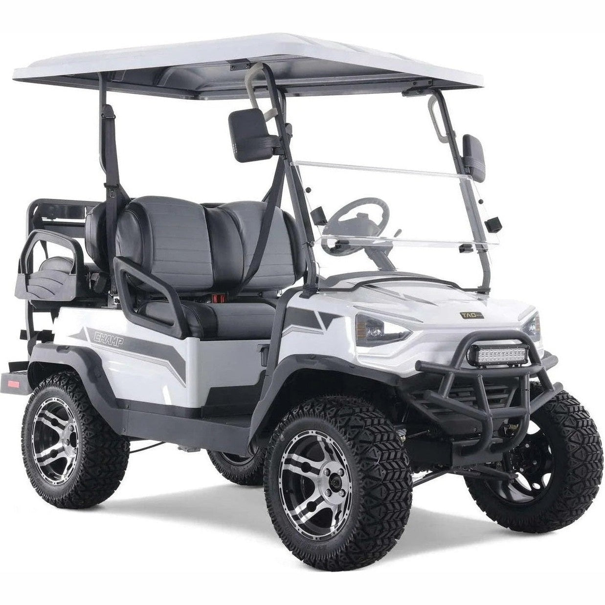 White Tao Tao 48V golf cart with E-HAMP branding and horizontal stitched seats