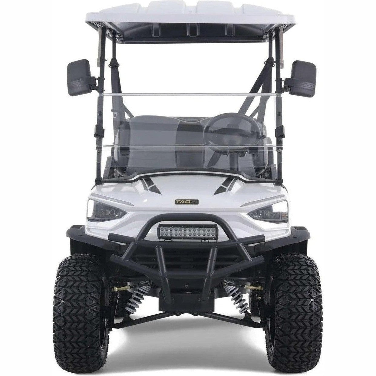 Front studio shot of white Tao Tao 48V golf cart with LED light bar and off-road tires