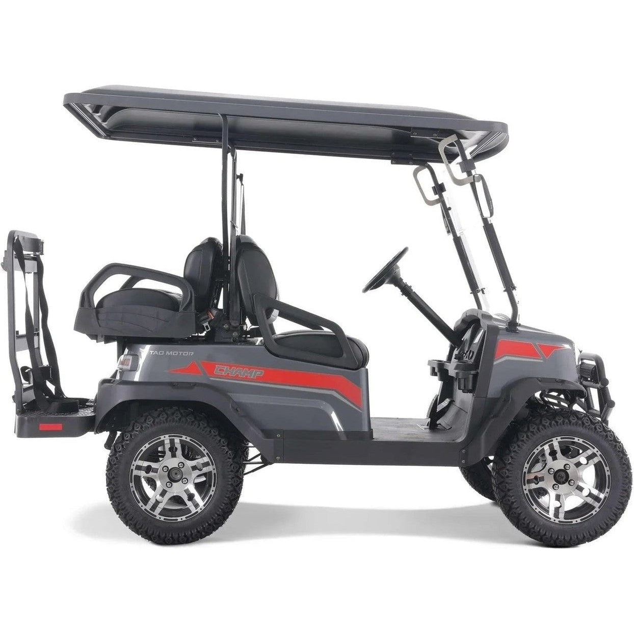 Tao Tao 4-seat electric golf cart side profile with gray body red stripes and off-road tires