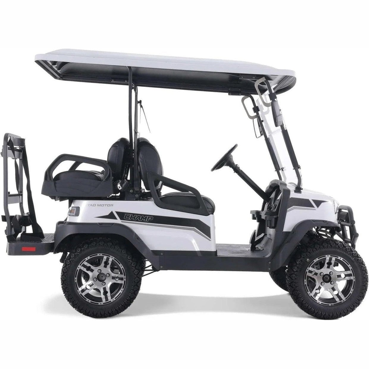 White Tao Tao E-Hamp 4-seat electric golf cart side profile with off-road tires