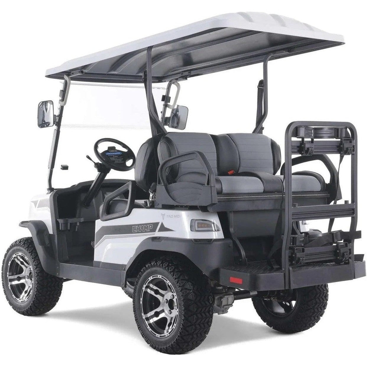 Rear three-quarter view of white and black Tao Tao golf cart with silver canopy and cargo rack