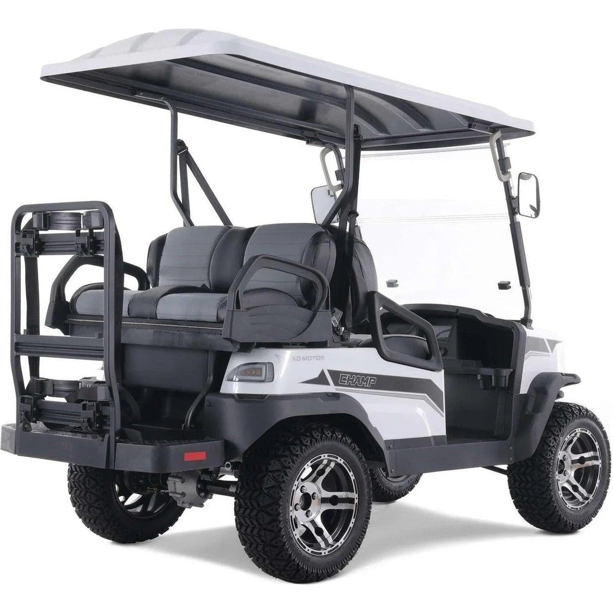 White Tao Tao 48V electric golf cart rear three-quarter view with roll bars