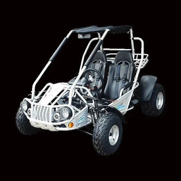 White open-frame 300cc Trail Master XRS go-kart with black interior and cargo rack