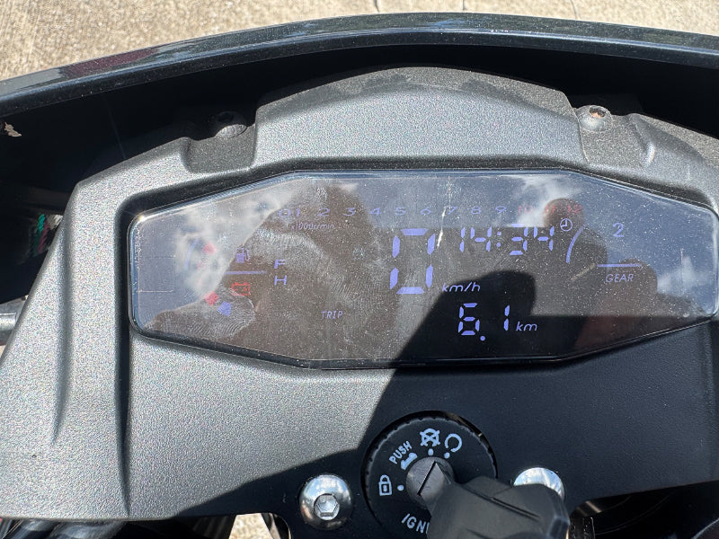 Digital instrument cluster of TrailMaster RMX250 showing speed and gear indicator