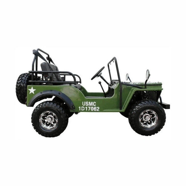 Side view of olive drab green 125cc youth mini jeep with knobby tires