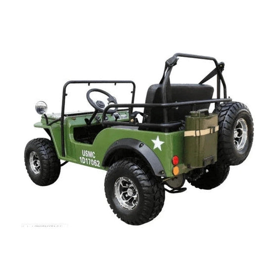 Olive drab green Trailmaster Mini Jeep ATV with USMC decals and spare tire