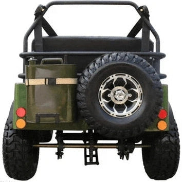 Rear view of olive drab green mini jeep showing spare tire and taillights