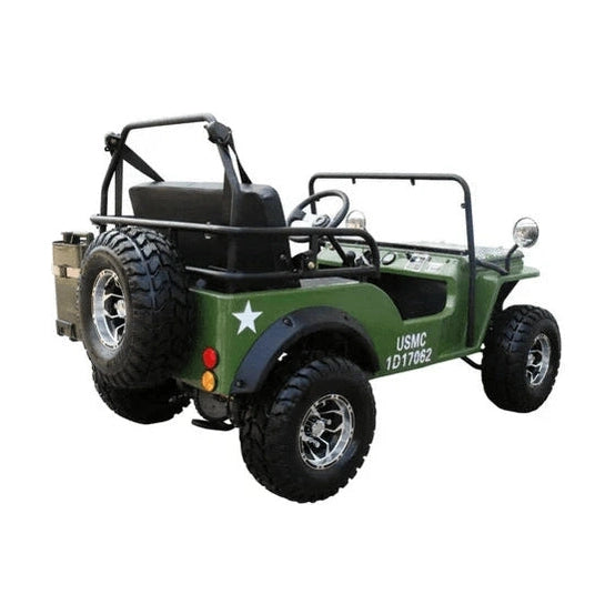 Rear angle of olive drab green mini jeep highlighting fuel tank and decals