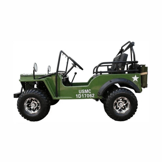 Left side profile of olive drab green mini jeep with roll cage and gear stick