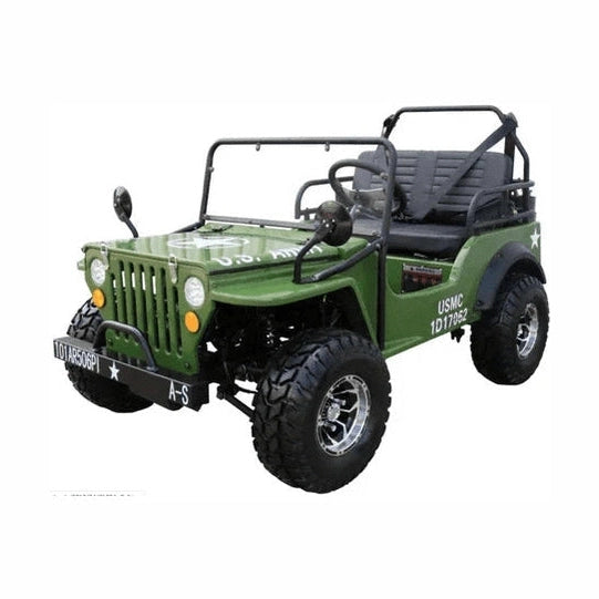 Three-quarter view of olive drab green mini jeep with U.S. Marine Corps decals